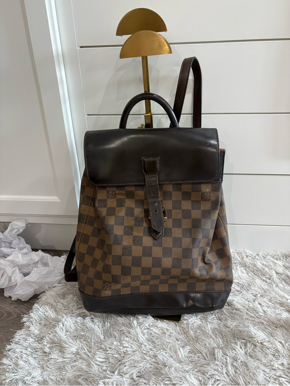 Louis Vuitton soho back pack in signature brown damier ebene canvas